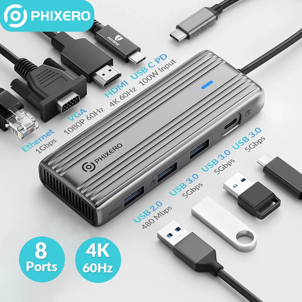 PHIXERO USB C HUB 4K60Hz Type C to HDMI RJ45 PD 100W Adapter For Macbook iPad Pro Air M2 M1 Sumsang PC Accessories USB 3.0 HUB