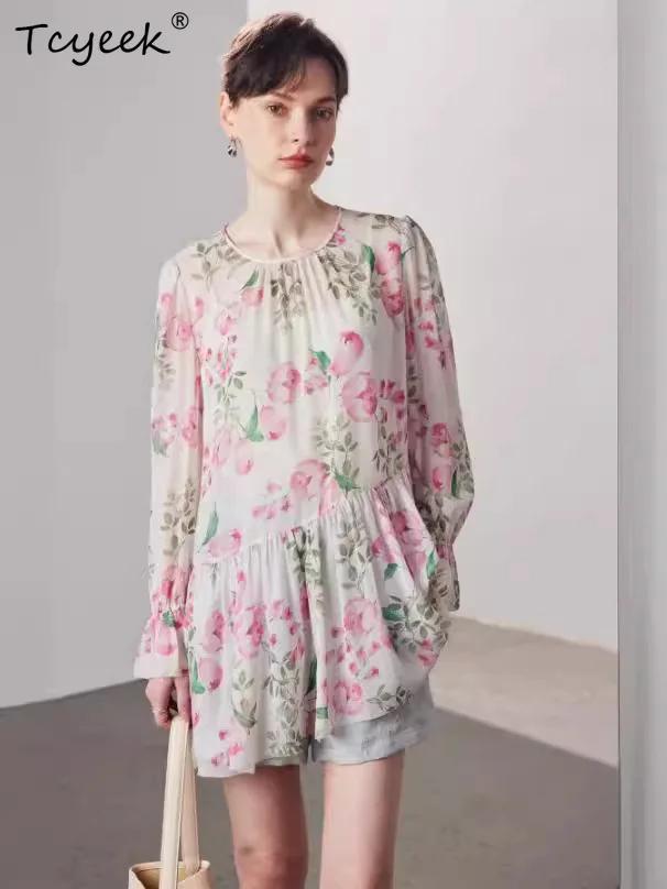 

Tcyeek, элегантная рубашка из 100% натурального шелка 6А, женская рубашка с длинным рукавом и круглым вырезом с принтом, блузка для отпуска на работу, лето-осень 2024, T47361QM