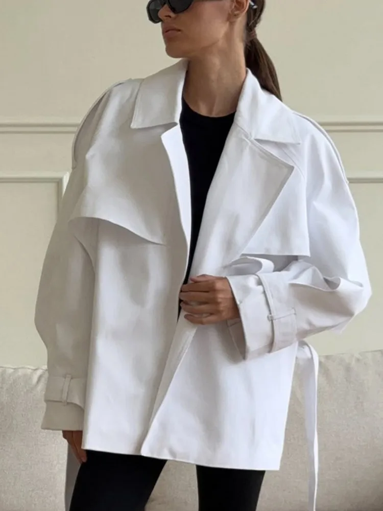 

Cropped Lace-up White Casual Trench Coat Women Lapel Long Sleeve Wide Shoulder Windbreaker Jacket Fall Commute Daily Streetwear