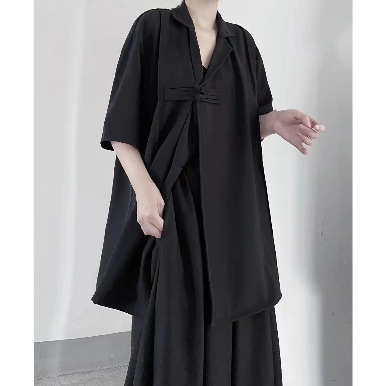 Dark Style New Chinese Buckle Black Shirt Coat Loose Long Sleeve Top Female