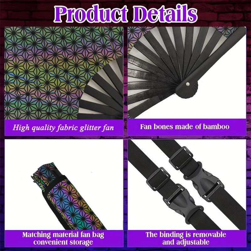 Edgy Spider Print Sparkling Glitter Rave Folding Fan - Large Laser Rainbow Handheld Fan with Holster for Statement-Making Festiv view 2