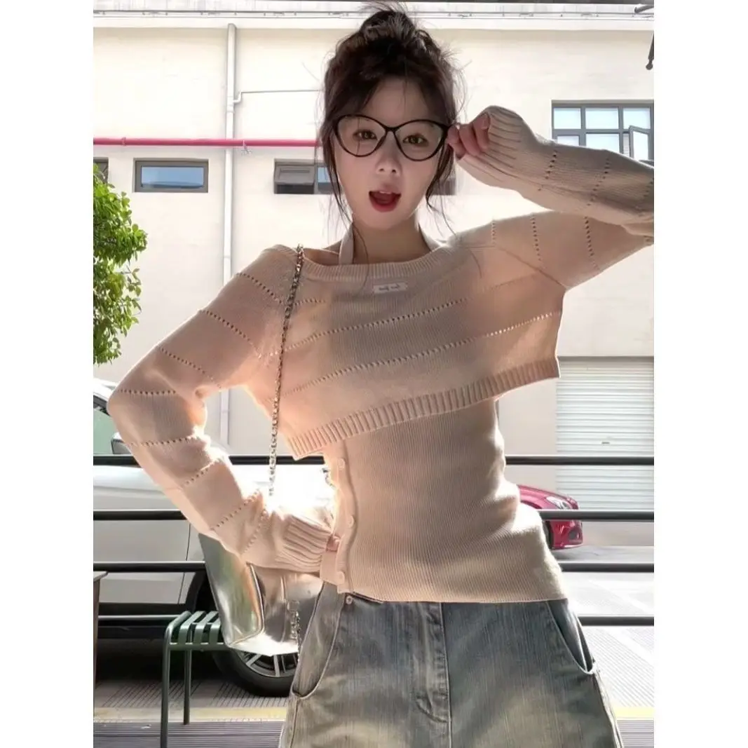 Korean Style Chic New Slim Fit Two-piece Set Knitted Sweater Long Sleeved Hollow Top