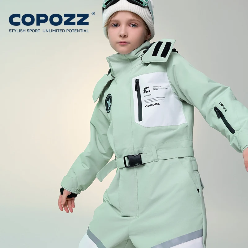 COPOZZ Warm Winter Ski Suit For Boys Girls Waterproof Kids Ski Overalls Hooded Windproof Snowboard One Piece Ski Jumpsuit Child