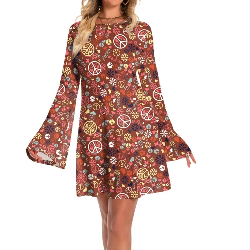 Cosplay Hippie Dress for Women Floral Printed Outfit Dresses Halloween Holiday Clothes Flare Sleeve Stage Perform Dress Ladies