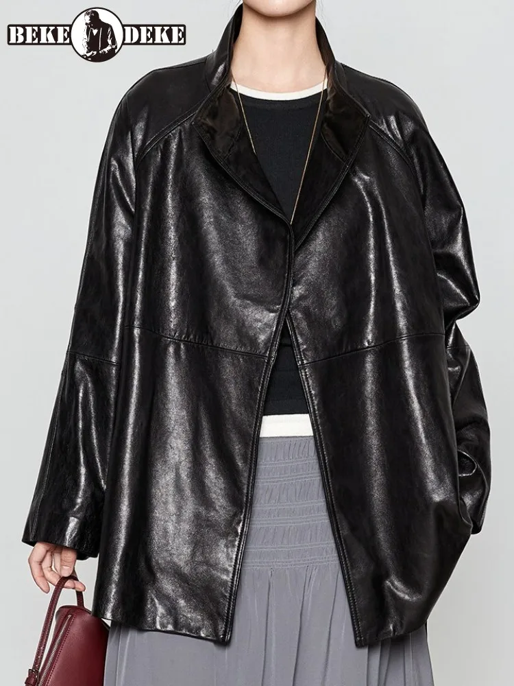 Concise Ladies Genuine Leather Jackets Solid Color Turn Down Collar Long Sleeves Belt Sheepskin Outwear