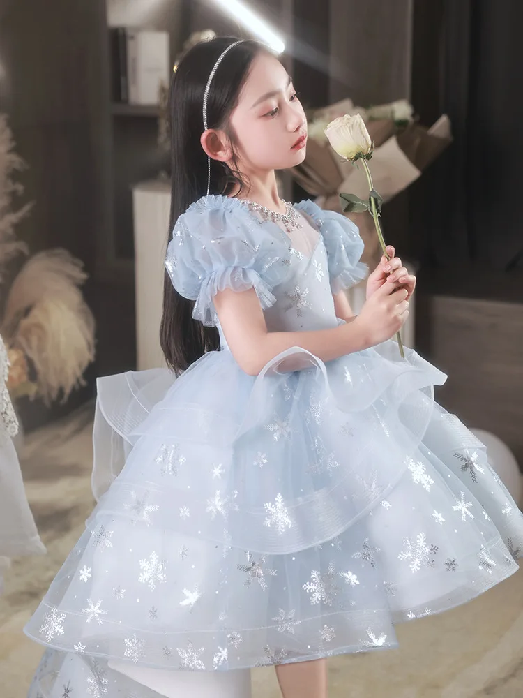 Robe à fleurs en dentelle pour enfants, robe de Rhpour enfants, paillettes de flocon de neige, perles, queue mate, fête d'anniversaire, occasions spéciales