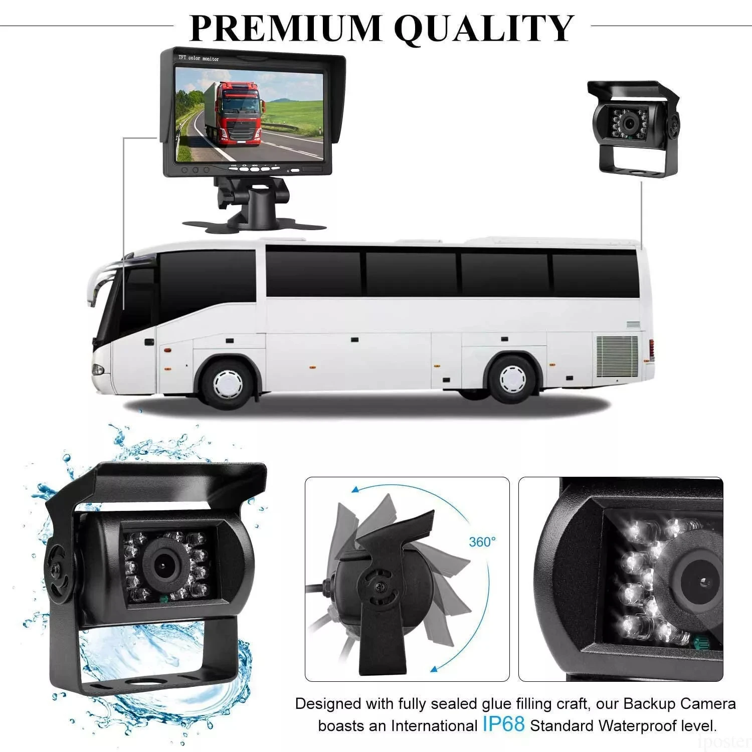 7 Inch HD Dual Waterproof Night Vision Backup Camera Truck Monitoring System with Reverse Camera for RV Truck Bus
