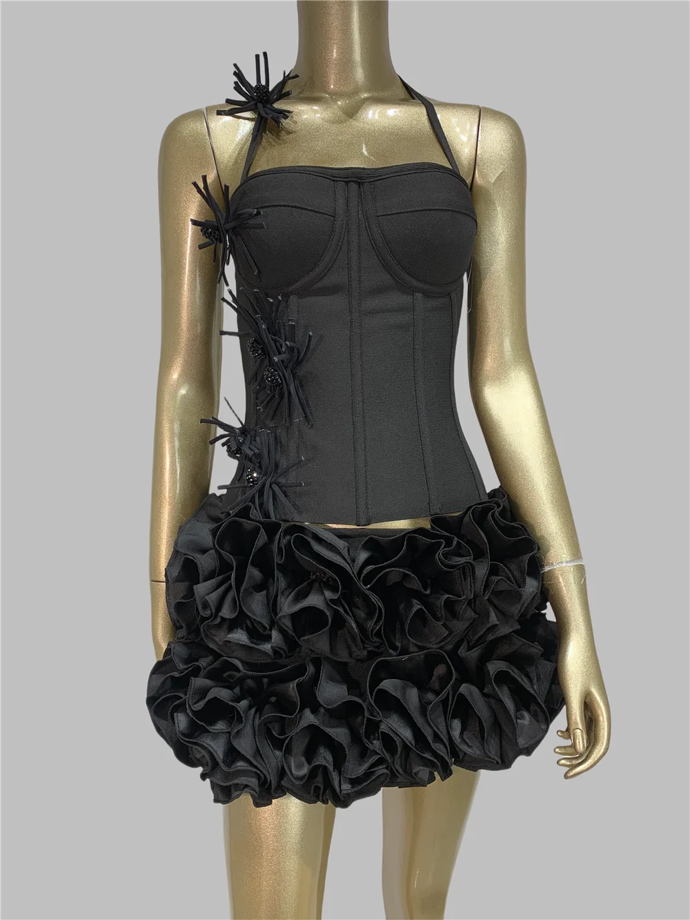 

2025 New Designer Bandage Skirt Sets For Women Sexy Halter Bodycon Top And Flower Mini Skirt Two Piece Sets Evening Party Outfit