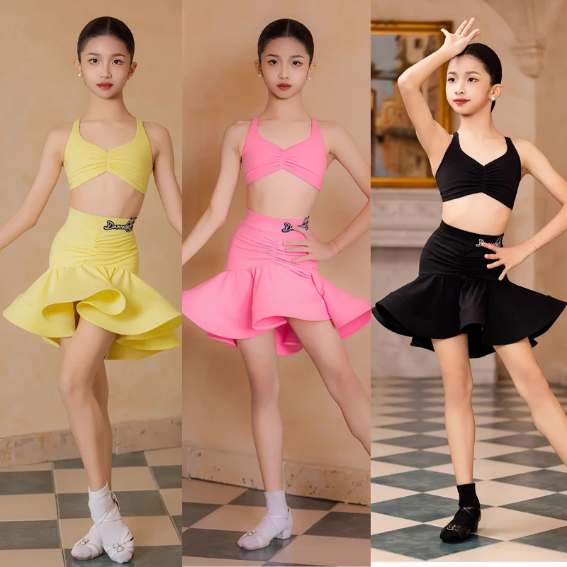 

Летняя одежда для латинских танцев, топ с лямкой на шее для девочек, топ для латинских танцев, юбка-чача, детский профессиональный костюм для латинских танцев, сценическая одежда DW10571