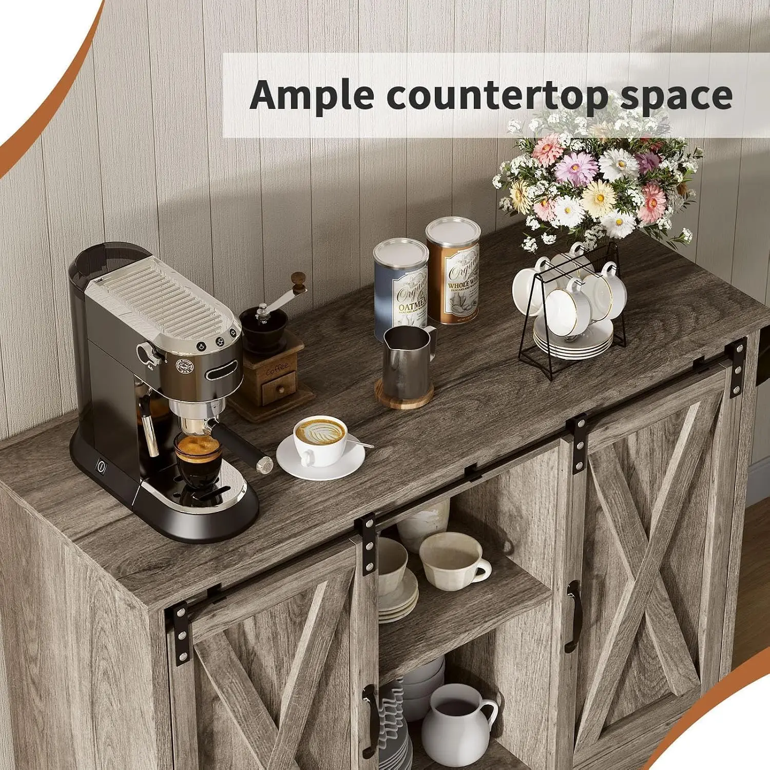 42 Inch Farmhouse Coffee Bar Cabinet Storage Organizer Kitchen Dining Room Wash Grey, Customized