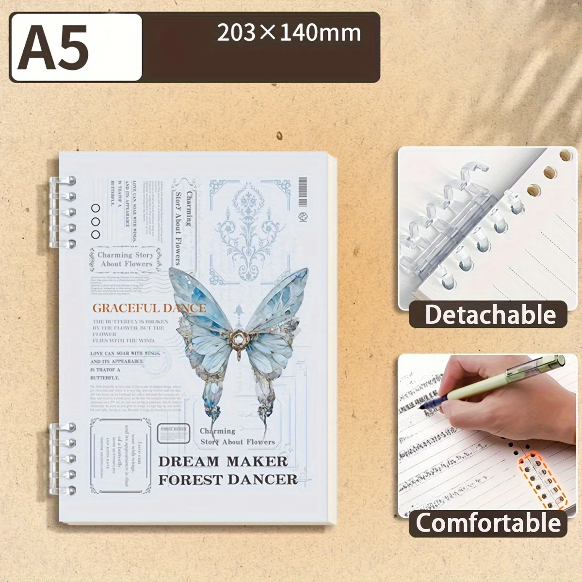 Picture 5: 1pc Butterfly Theme A5/B5 Notebook - 60 Sheets/120 Pages Detachable Loose Leaf Journal with Ring Binding, Light & Soft Polypropy