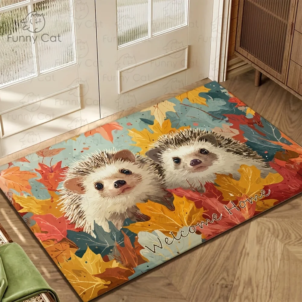1pc Hedgehog Welcome Mat - Plush Soft Flannel Mat with Cute Hedgehogs & Maple Leaves, Teal/Yellow/Brown/Pink/Beige Pastel Colors