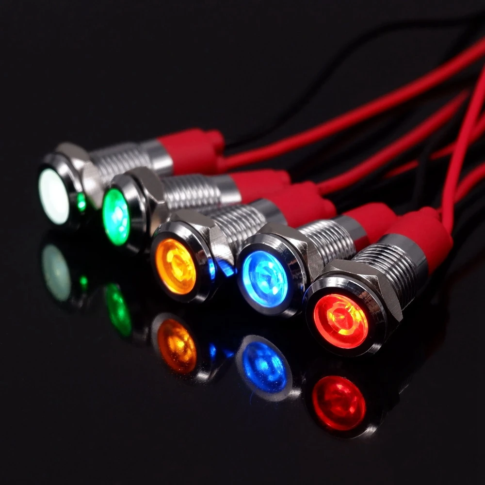 1PC 8mm LED Warning Indicator Light Metal Signal Lamp Pilot WIth Wires 3V 5V 6V 12V 24V 220V Red Blue White Green Orange