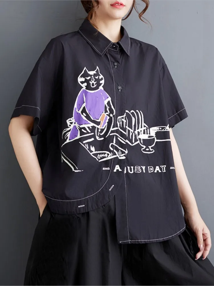 Oversized Summer Shirt Tops Women Cartoon Graffiti Print Modis Casual Ladies Cropped Blouses Short Sleeve Loose Woman Shirt Tops