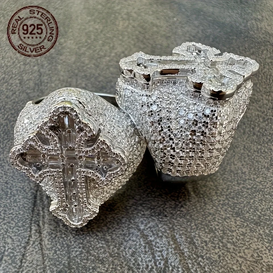 

Fashion Design Brilliant 925 Silver Cross Rings For Men Shiny Zircon Inlay Iced Out Hip Hop Ring Vintage Rapper Jewelry