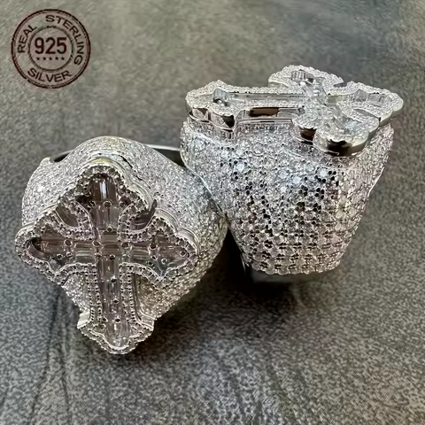 Fashion Design Brilliant 925 Silver Cross Rings For Men Shiny Zircon Inlay Iced Out Hip Hop Ring Vintage Rapper Jewelry