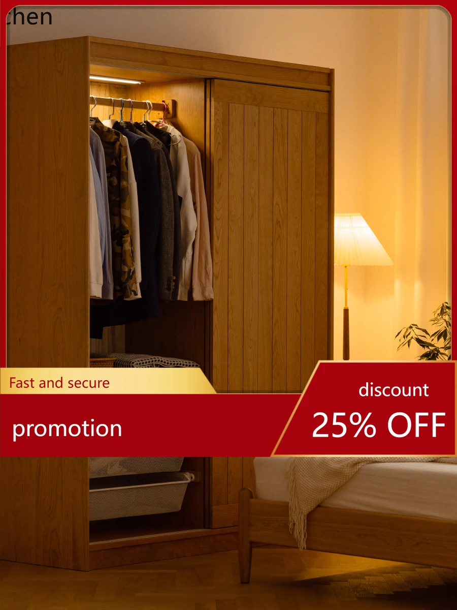 

CZ Solid Wood Large Wardrobe with Sliding Doors Cherry Wood Home Bedroom Storage Cabinet