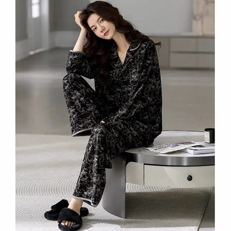 

M-3XL Fashion Lapel Shirt Pant Suit Autumn Winter Cotton Sleepwear Women Casual Long Sleeve Pajama Set Woman Home Clothes New