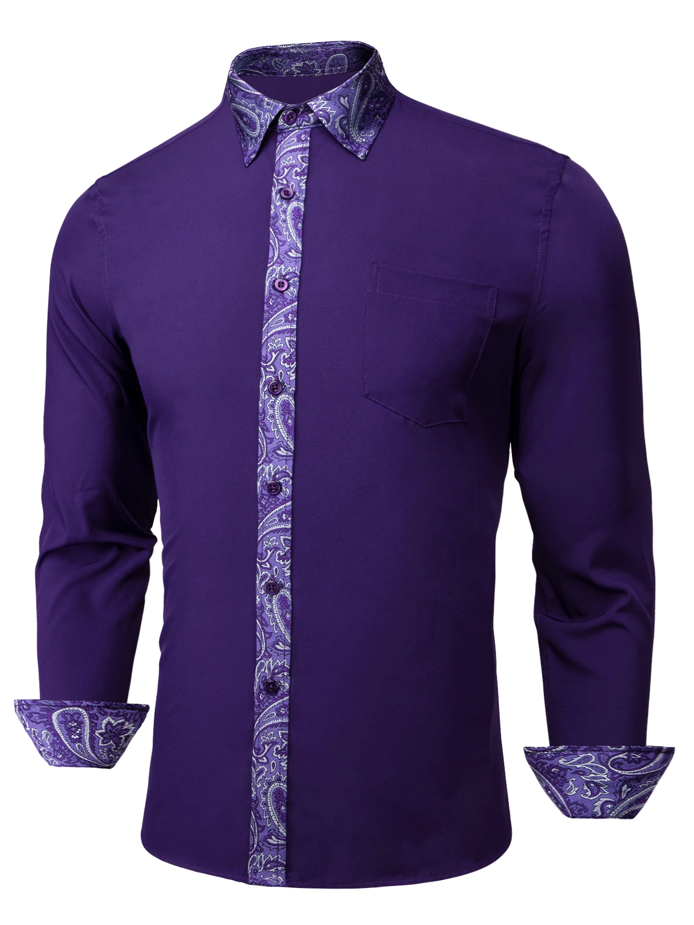 Camicia casual da uomo d'affari alla moda con colletto viola e motivo jacquard paisley, adatta per gite e feste casual