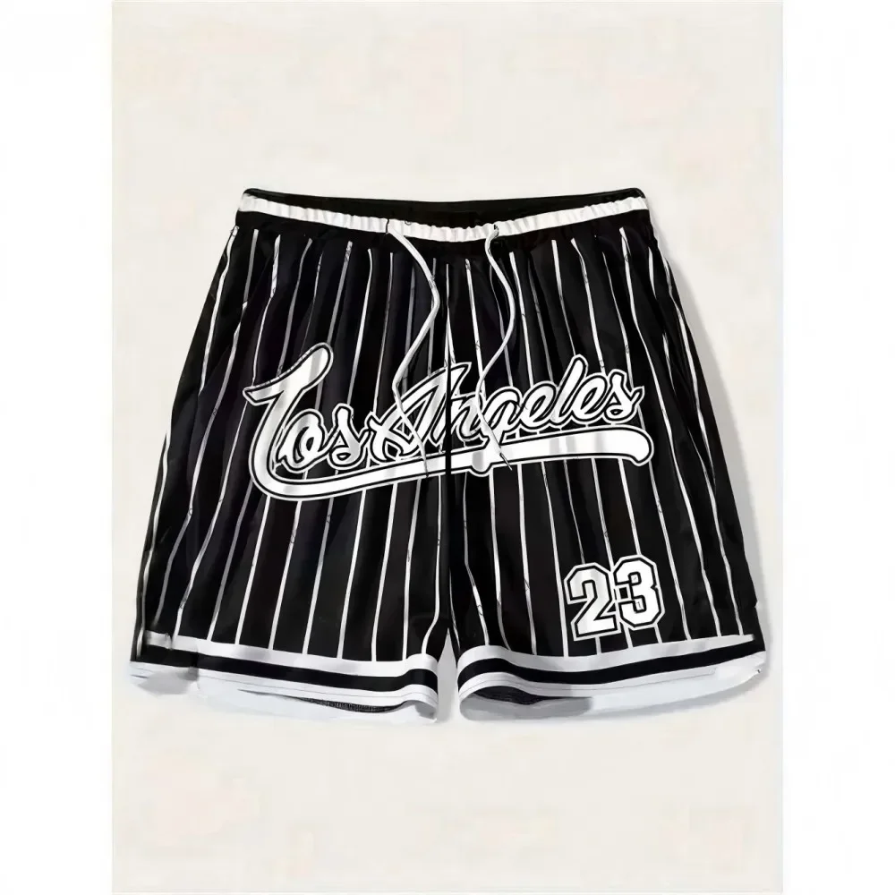 Men's Summer Gothic Letter Stripe Print Drawstring Shorts European American Style Comfortable Breathable Outdoor Casual Pants