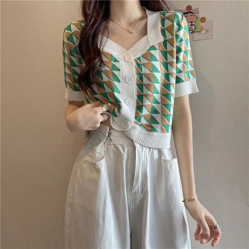 Vintage Knitted T-shirts Women Summer Thin Button Design Rhombic Casual Short-sleeve All-match Cropped Female Streetwear Ulzzang