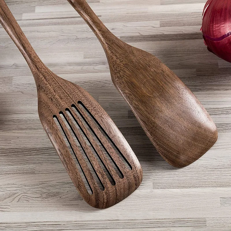 

A81M New- Wooden Spatula&Slotted Spatula For Cooking,Black Walnut Long Handle Wood And Slotted Turner For Non-Stick Cookware