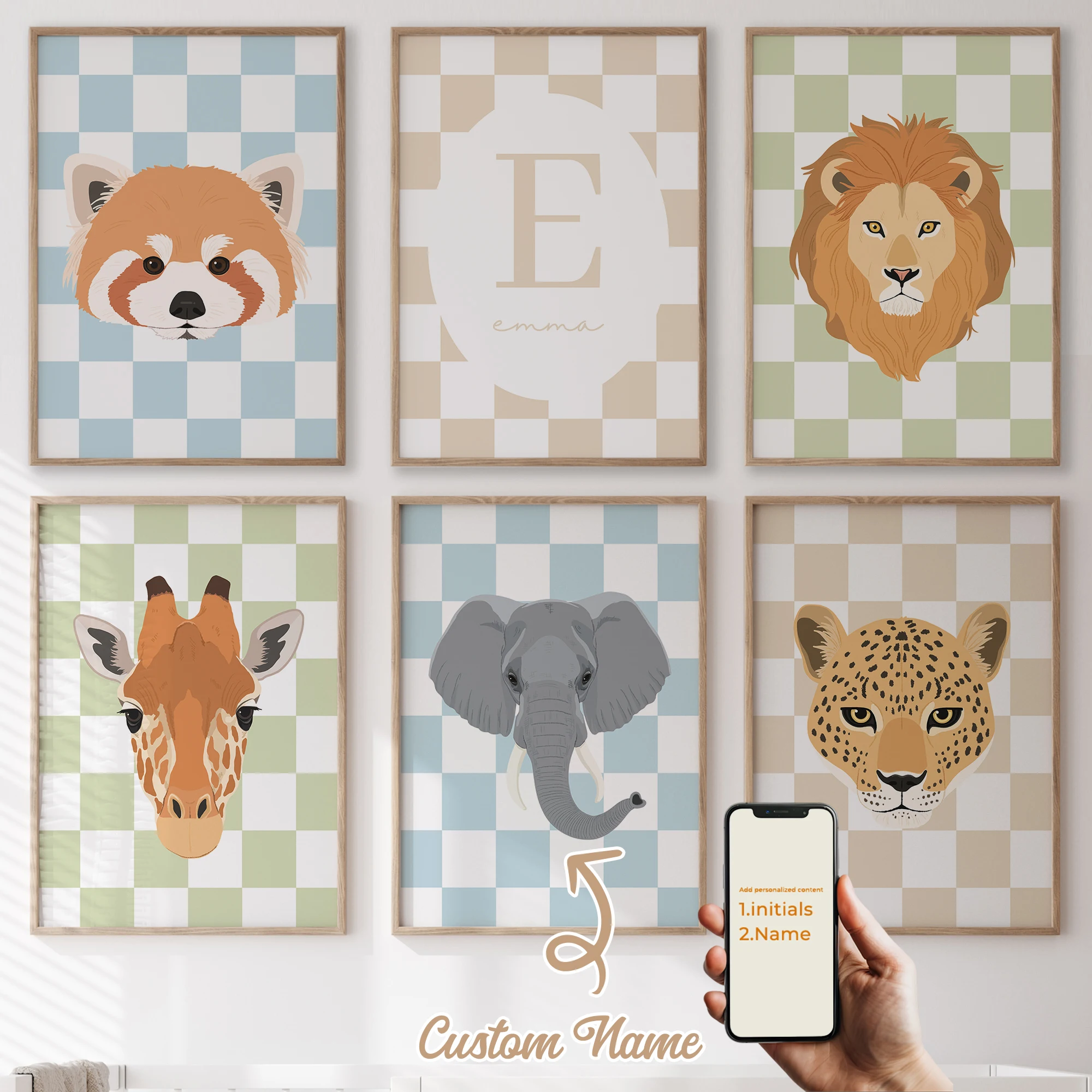 

3Pcs/6pcs Personalized Custom Name Cute Cartoon Animal Wall Art Print Picture For Living Room Kids Boy Room Home Decor Gift