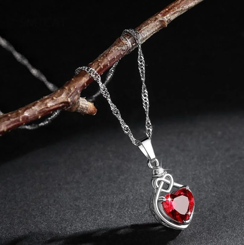 

Heart Knot Created Red Ruby Natural Garnet 925 Sterling Silver Pendant Necklace for Women Gemstone Jewelry Choker de Prata