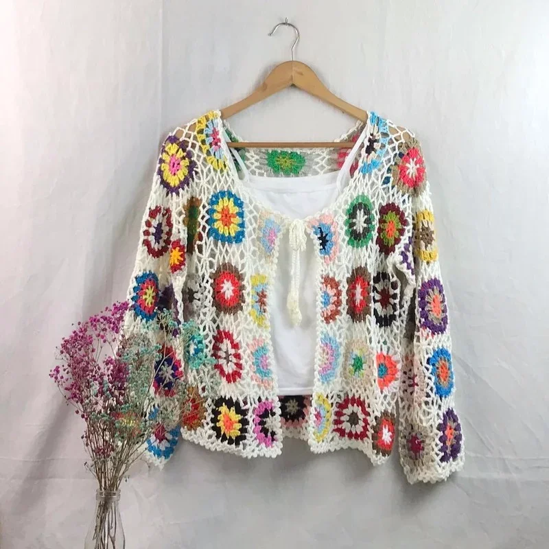 Hollow crochet sweater jacket 2023 spring and autumn fashion women\'s loose ethnic style cardigan jacket casual sweater