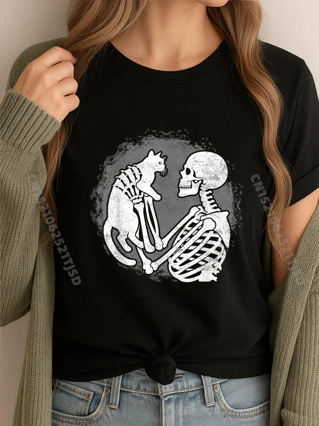 

Skeleton Cat Skull Kitty Cute Halloween Sports T Shirt Woman Men Clothes Tops & Tees Hip Hop