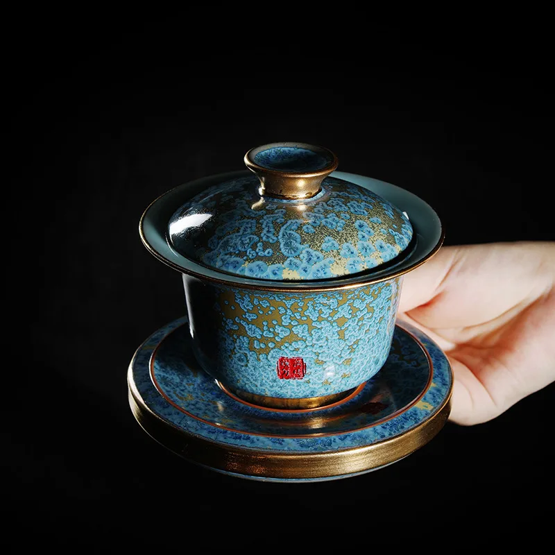 

Chinese Style High-end Three Talent Covered Bowl Teacup Ceramic Handmade Tea Bowl Complete Set of Kung Fu Tea Set Exquisite Gift