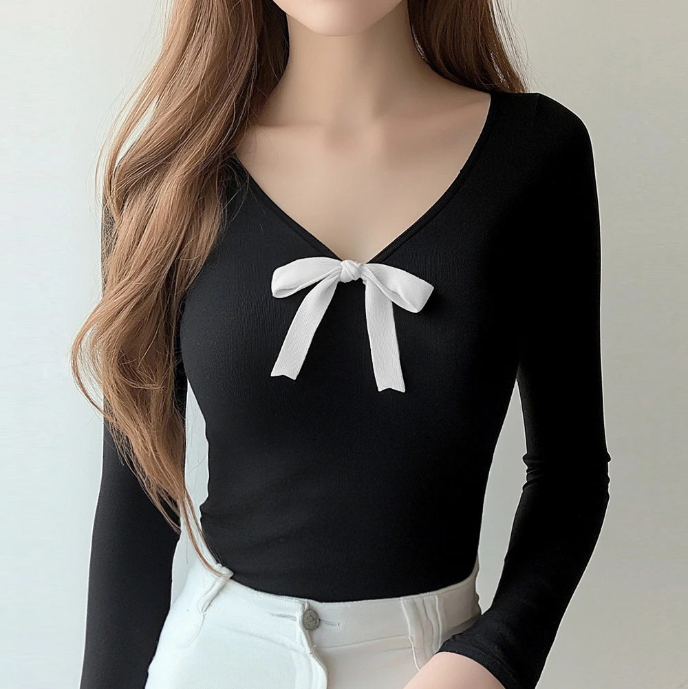 Mia Muse Women's T-shirts Autumn Winter Elegant Korean Bowknot Long Sleeve V-Neck Daily T-shirts