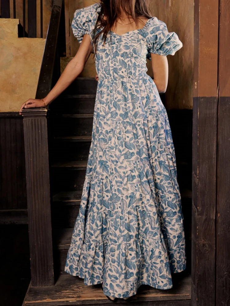 Mulher floral puff manga maxi vestido quadrado pescoço plissado vestidos longos fluidos boho em camadas uma linha vestido de verão
