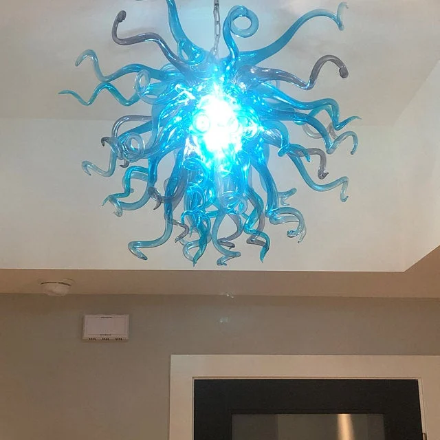 Hand Blown Glass Chandelier Art Decoration Blue and Grey Glass Pendant Lamps 28 by 20 Inches