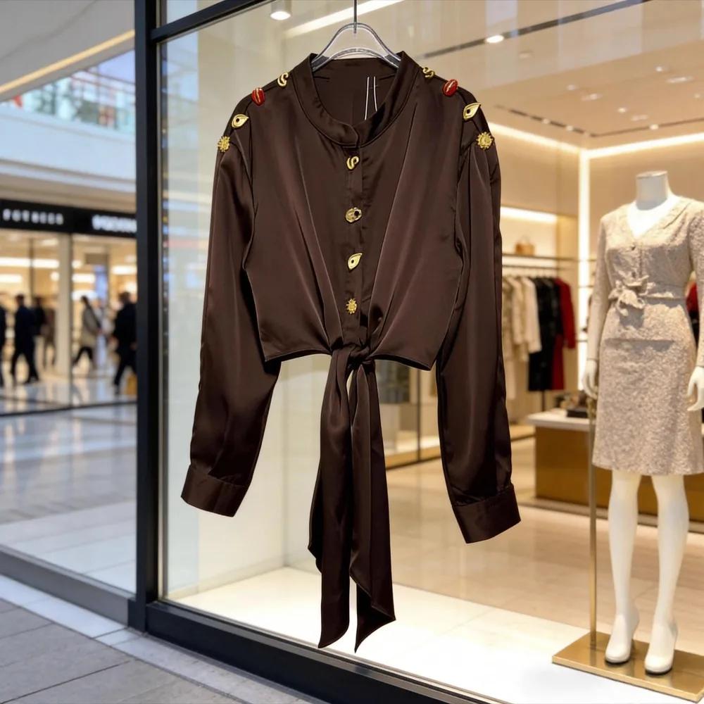 

High Street Shirts Women's New Style Shirt with Metal Buttons and Waist Cinching Straps Versatile and Fashionable Shirt