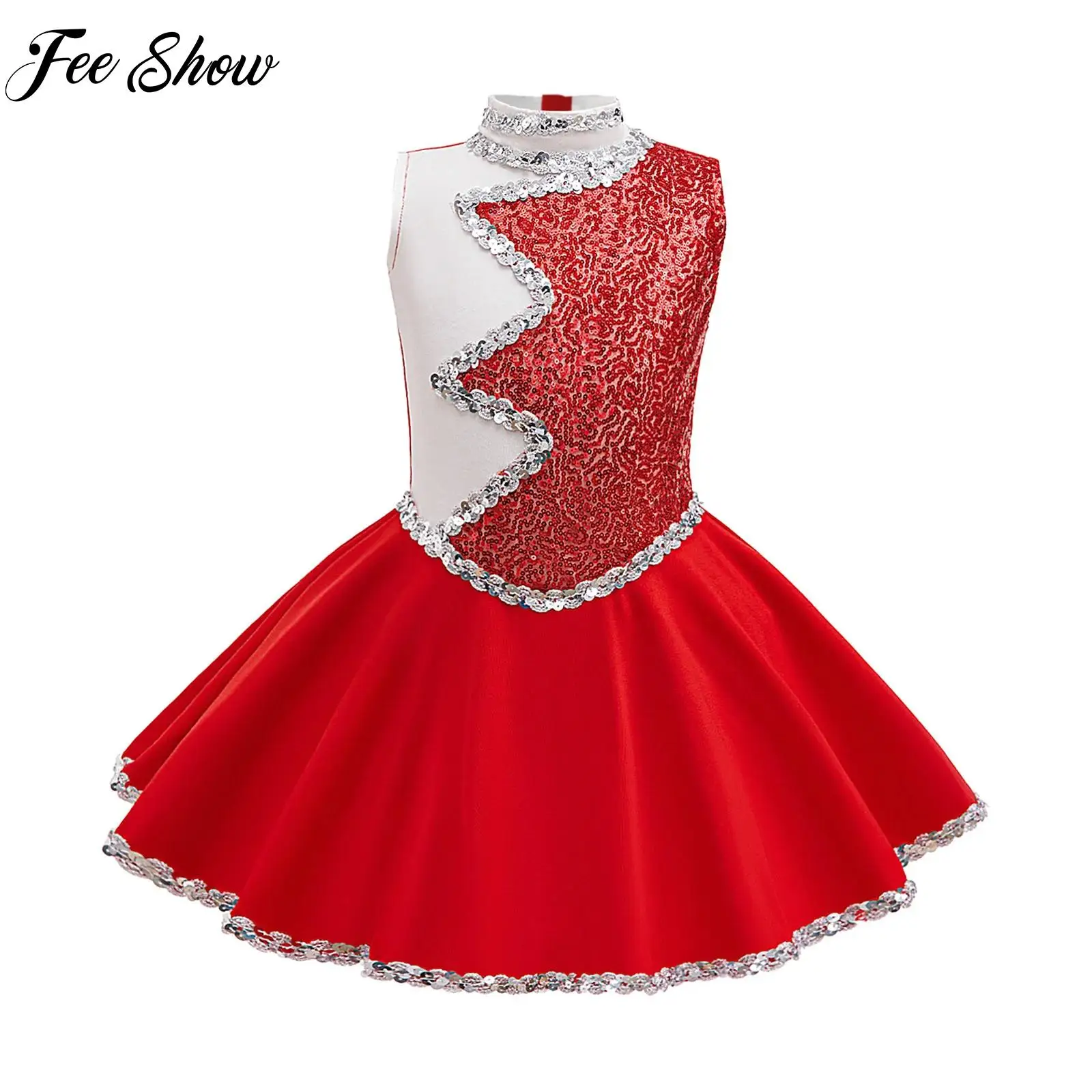 Children Sequins Cheerleading Dance Dress Girls School Basketball Cheerleading Uniform Sleeveless Dress Performance Dancewear