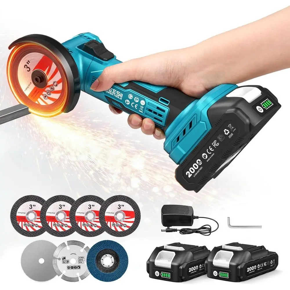 

CordlMini Angle Grinder: 3-Inch Brushle Grinder 19000 RPM with 2pcs 21V 2.0Ah Batteries, 7pcs Cutting Discs, 210W Power Electric