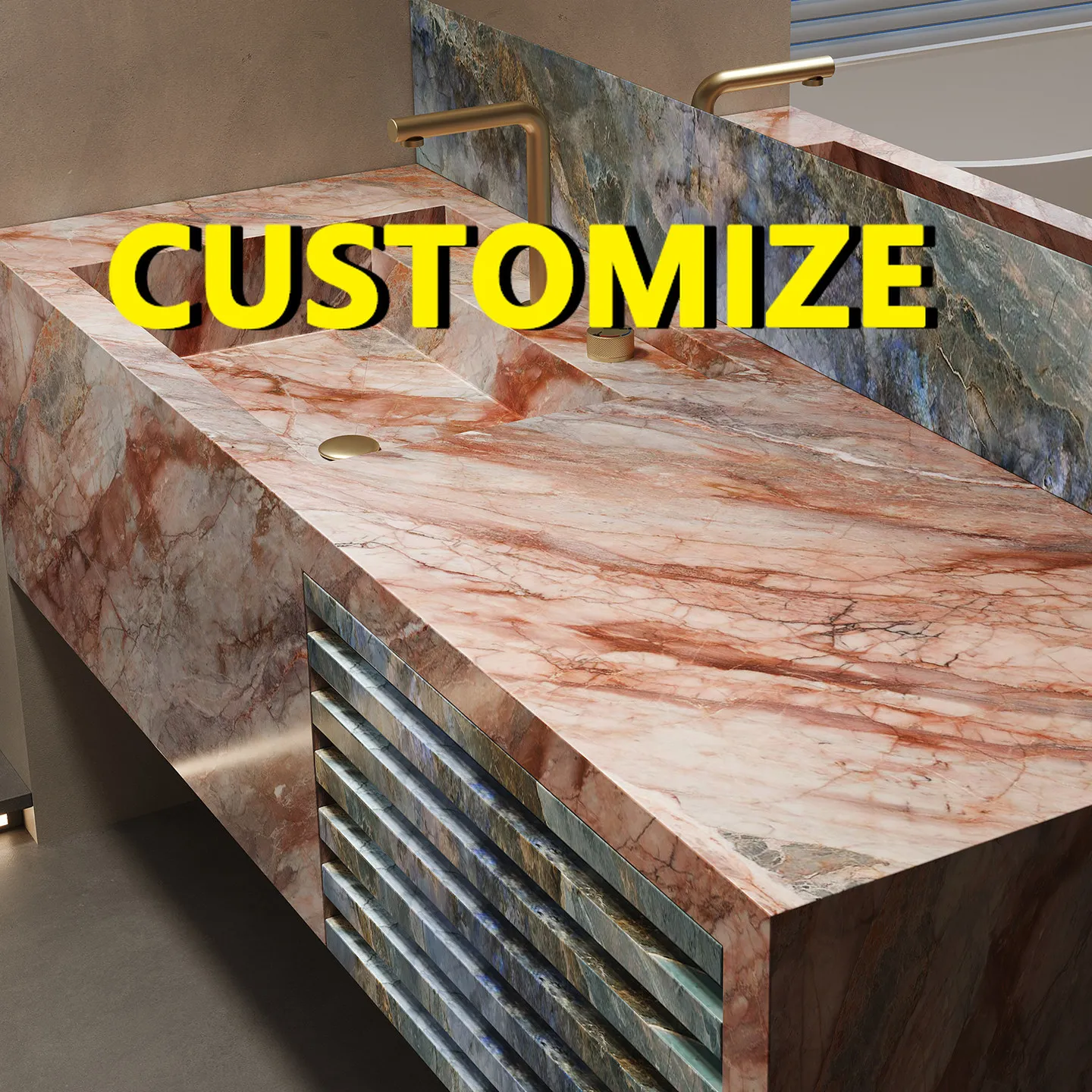 

Any Size Custom Modern Minimalist Smoky Pink Rock Slab Bathroom Vanity Seamless One Piece Sink Float Scratch Proof Multi Stone