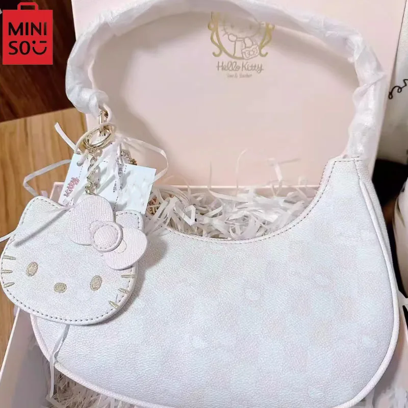 MINISO Ladies Pu Leather Armpit Bag Hello Kitty Pink Checkerboard Cute Crescent Shoulder Bag Handbag Tote Bag