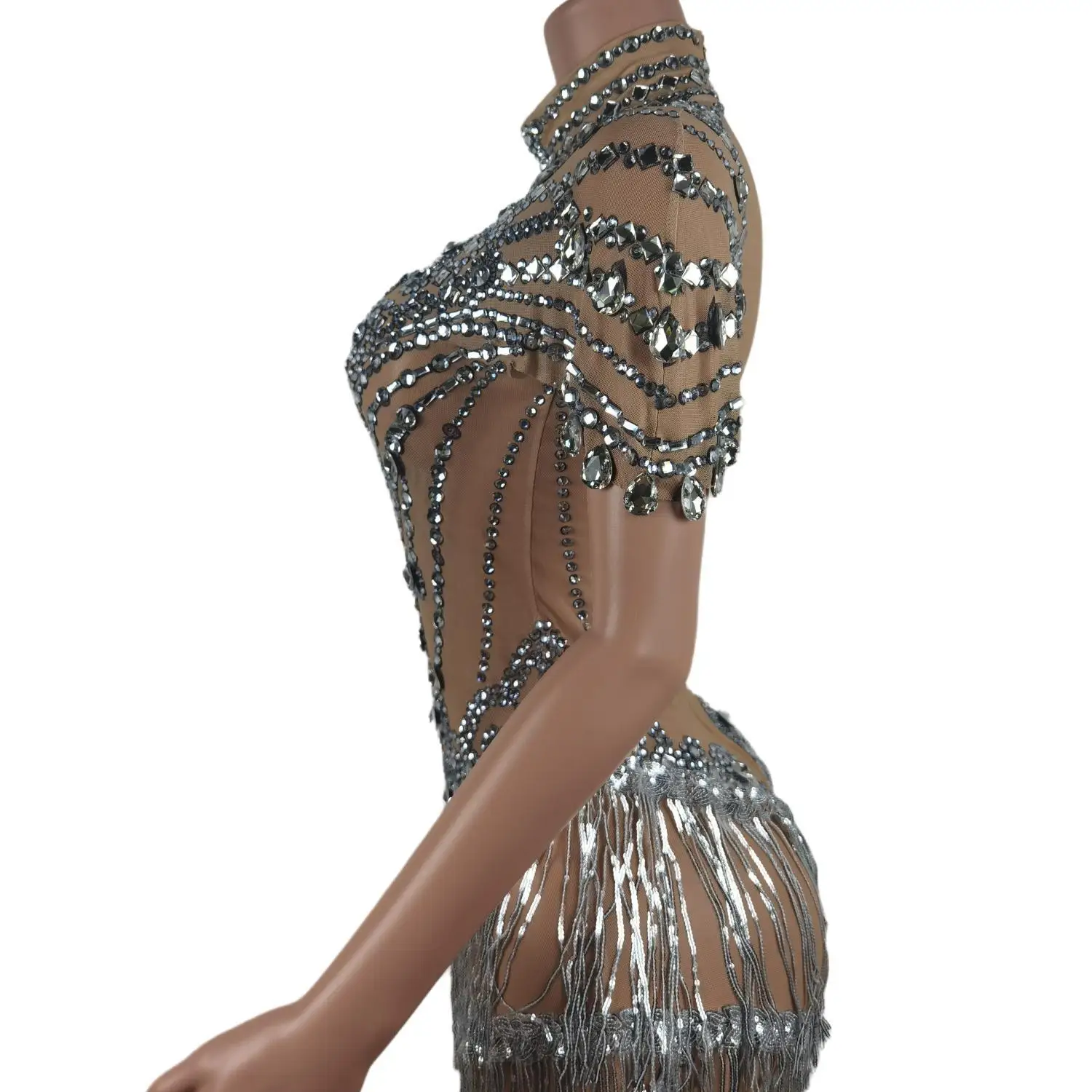 Vrouwen Nachtclub Prachtige Outfit Jurken Shining Strass Kwastje Dans Jurk Mesh Crystal Zanger Danser Stadium Kostuums Cuimian