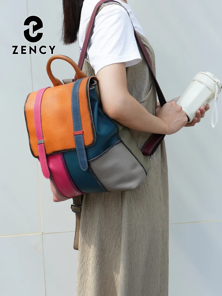 Zency Stylish Women's Backpack Genuine Leather Large Capacity Rucksack Ladies Capacity Shoulder Bags Patchwork Knapsack for Trip