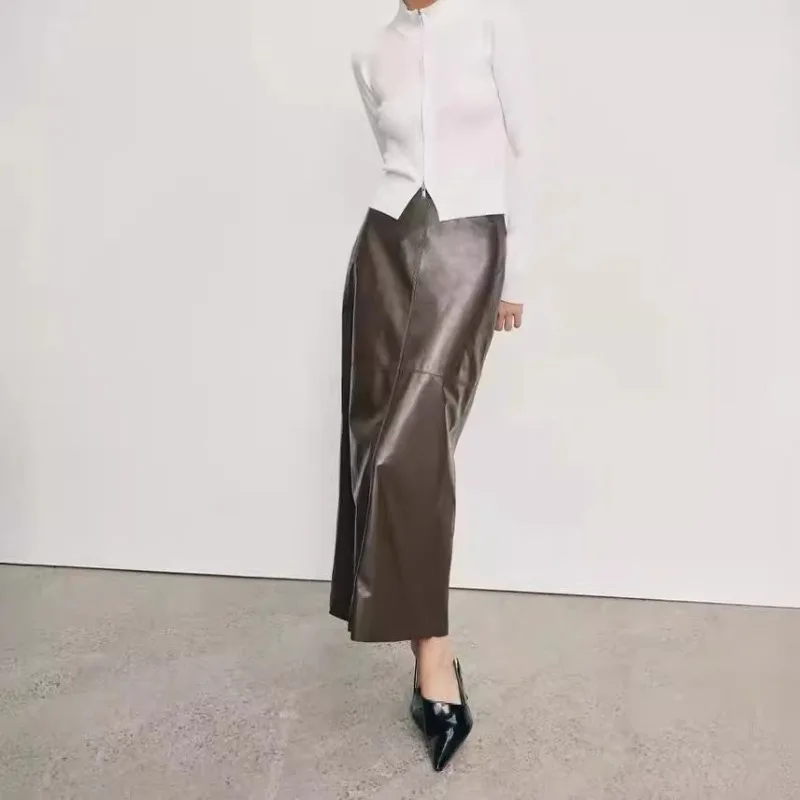 Spring and Autumn new leather skirt, first layer sheepskin casual, thin hip skirt medium and long