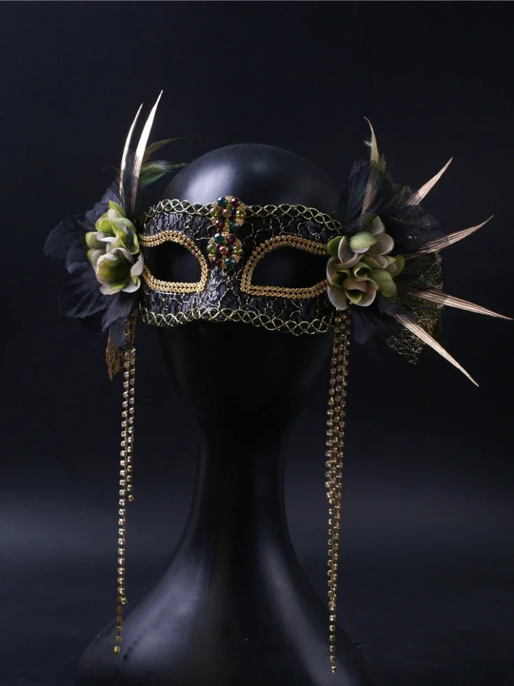 

For Mask Plastic Mesh Black Gold Flowers On Both Sides Decorative Lace Tassel Rhinestone Banquet Masquerade Party Bar Chamber Pr