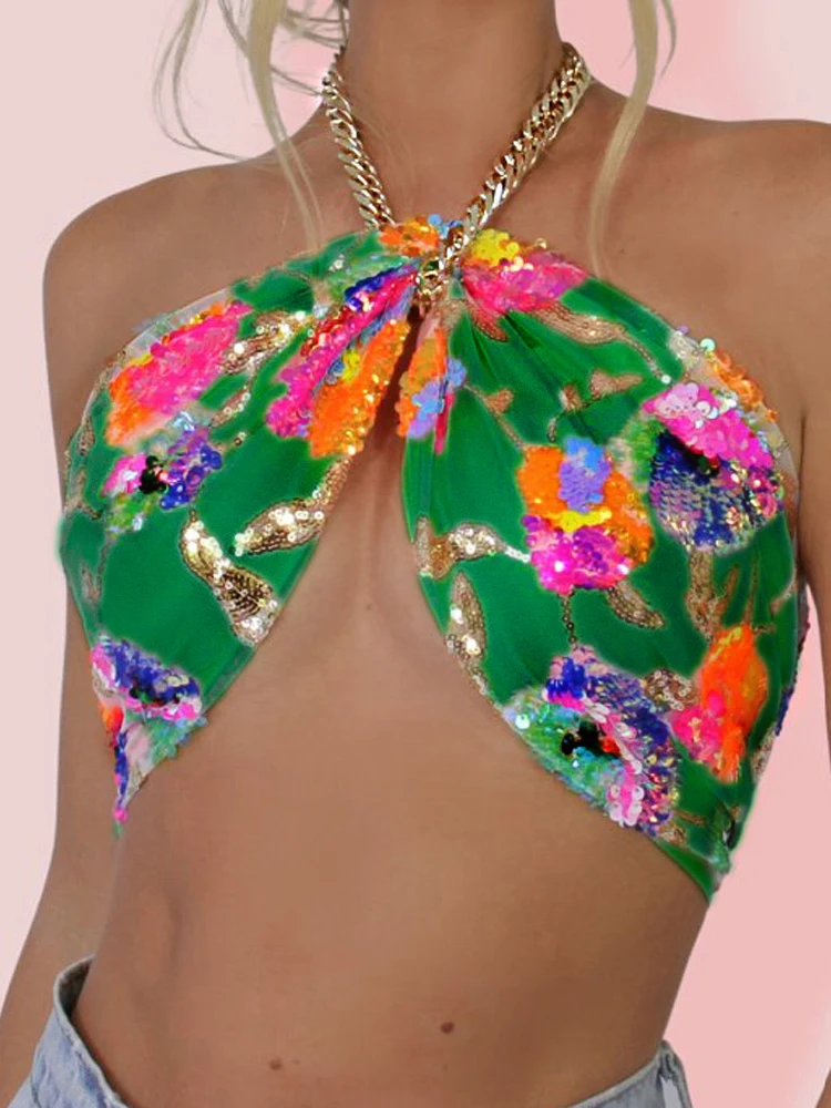Floral Sequin Embroidered Y2K Pink Summer Crop Top with Necklace Tie Up Full Lining Evening Night Party Camis Chain