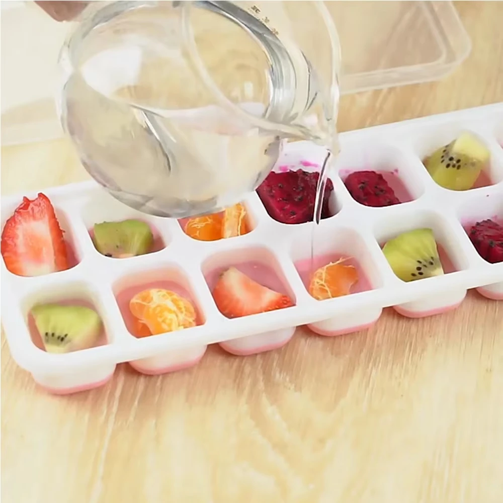 14-Compartment Ice Cube Tray, Square Mold with Lid, Silicone Soft Bottom, Easy to Release, Homemade Ice Cube Box
