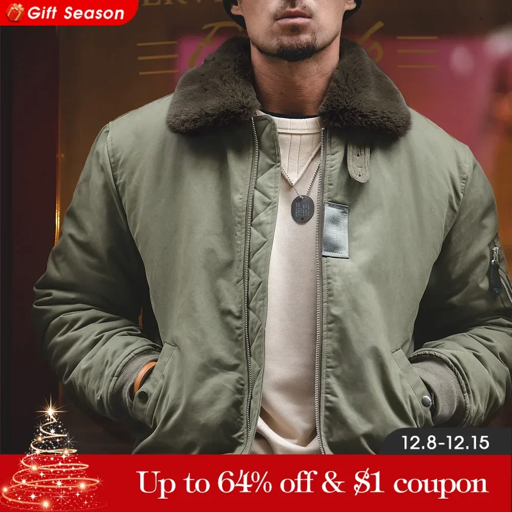 Maden Vintage B15 Bomber Jacket for Men Faux Rabbit Fur Lapel Signature Arm Pocket Winter Thickened Warm Windproof Coat Parkas