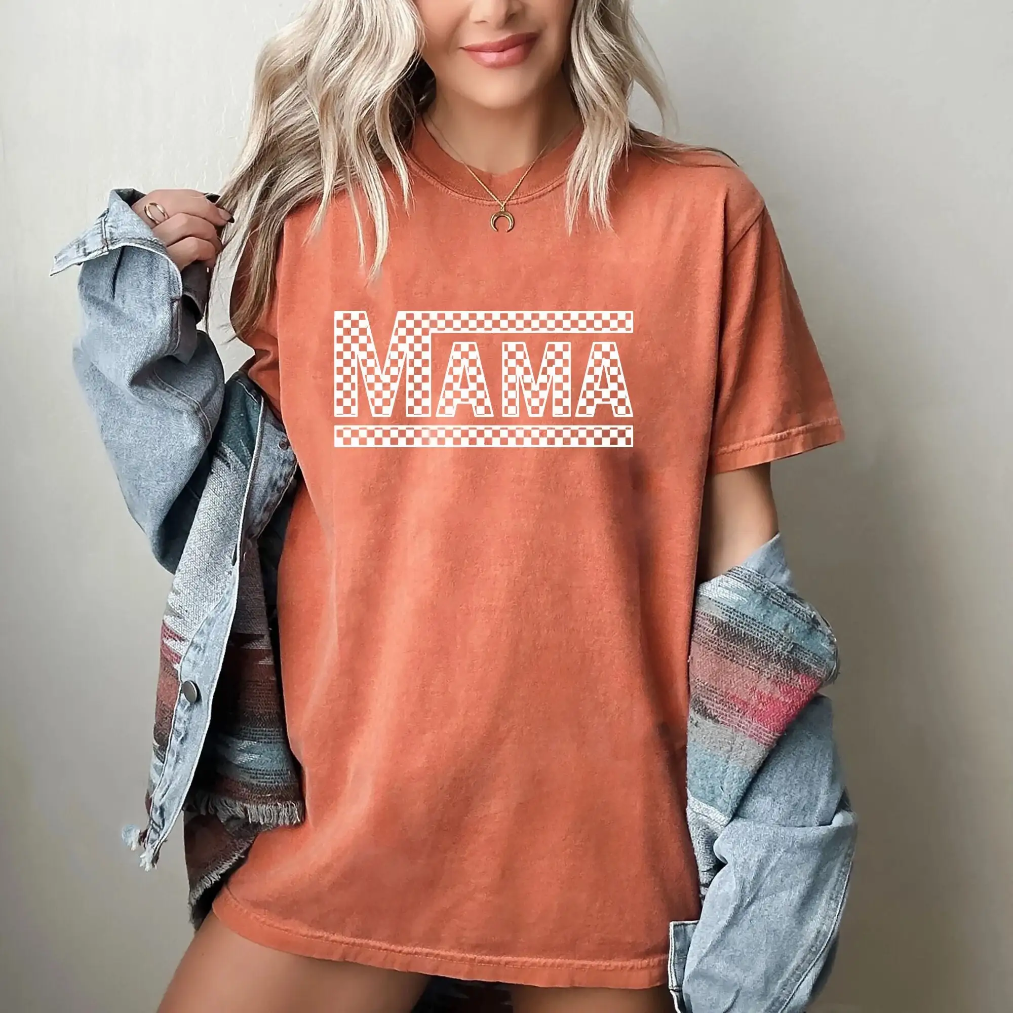 

Comfort Colors Checkered Retro Mama T Shirt Varsity Mom Crewneck Mother'S Day