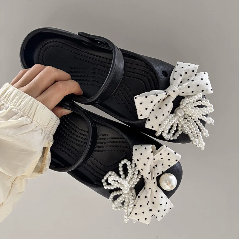 

French Polka Dot Bowknot Platform Sandals Women Fashion Design Pearls Diy Clogs Woman Closed Toe Soft Sole Eva Slippers Female