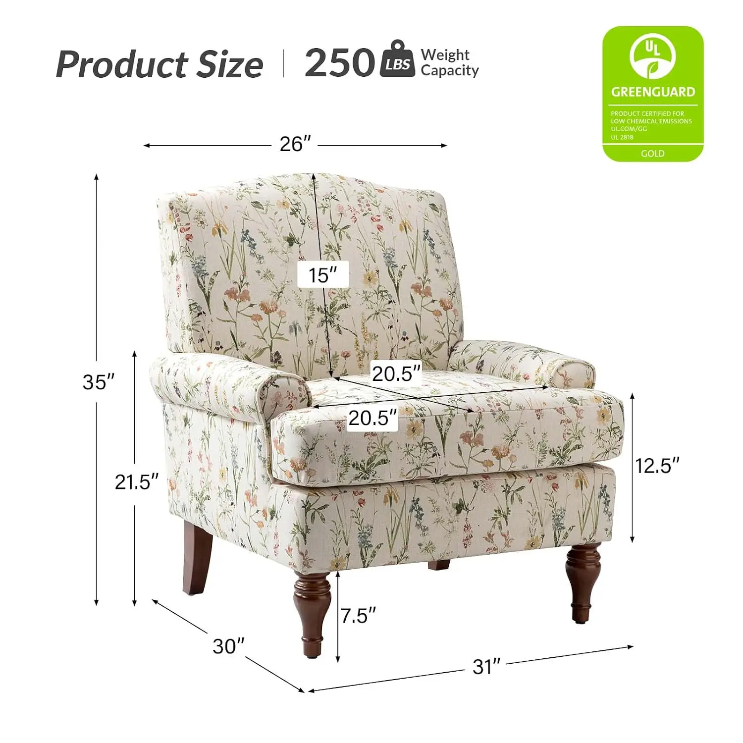 Accent Chair with Solid Legs & Removable Cushion, Floral Comfy Upholstered Armchair, Leisure Single Sofa Chair for, Customized