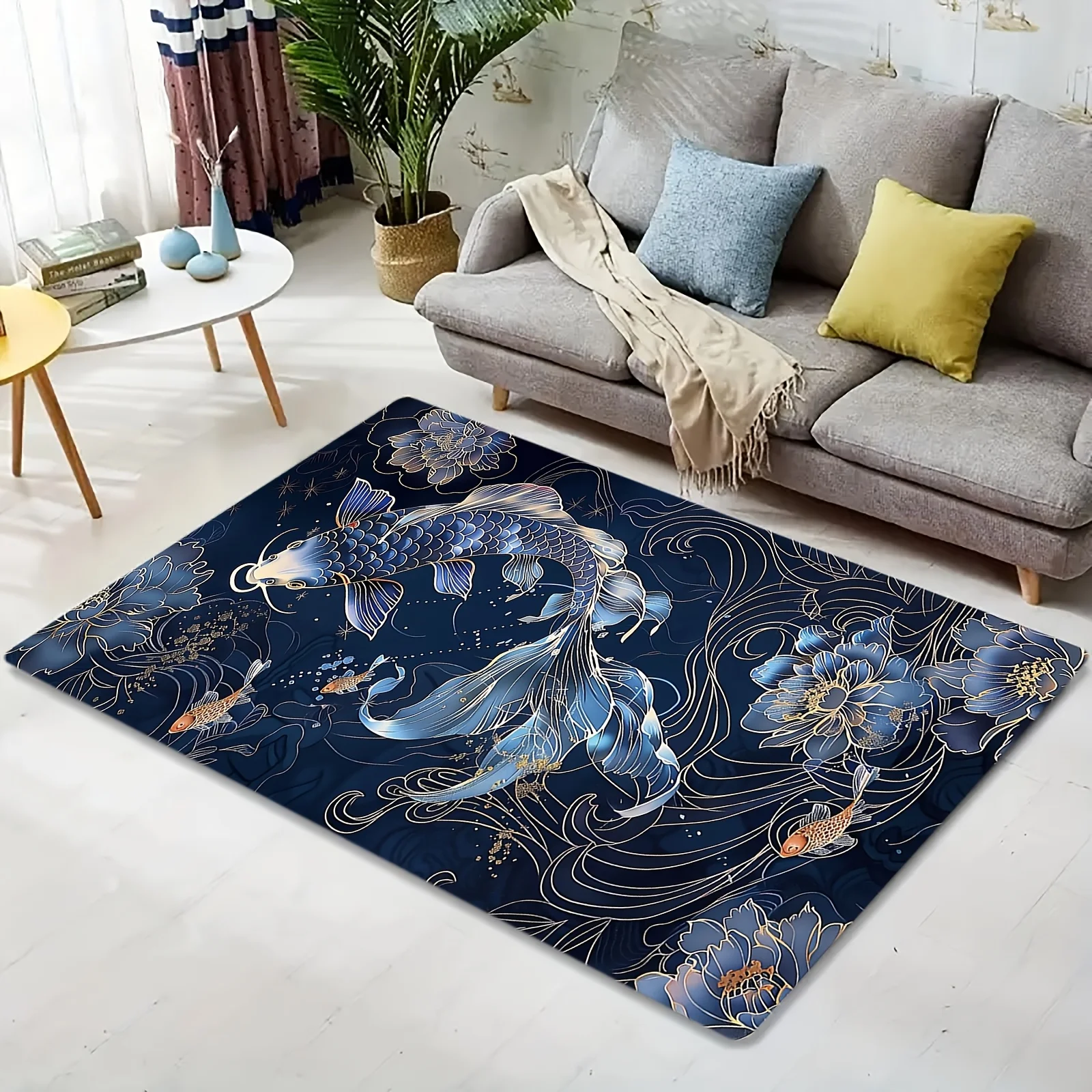 Koi fish floral pattern Flannel-printed floor mats are slip-resistant Suitable for living room bedroom terrace garden carpets
